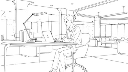 Focused businesswoman working on laptop in modern office sketch