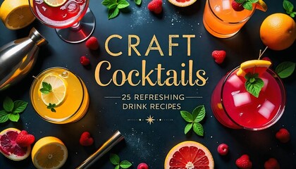 An elegant cocktail recipe book cover design featuring a vibrant flat lay of colorful mixed drinks on a dark slate or marble surface. Include martinis, mojitos, whiskey sours, and tropical cocktails i
