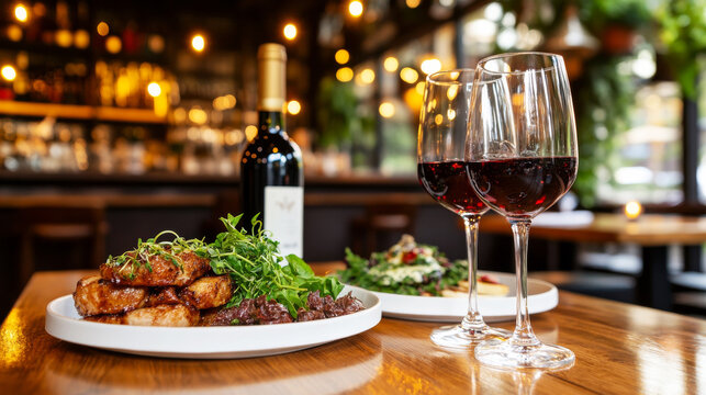 Gourmet Dinner Scene: A beautifully composed gourmet dinner scene features a bottle of wine, accompanied by glasses, and plates of exquisite food on a wooden table.