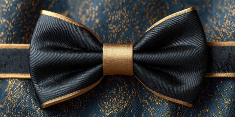 Elegant black and gold bow tie on dark blue fabric background