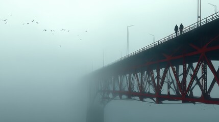 Bridge in the fog with silhouettes of people