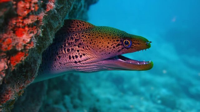 Close up of a moray eel emerging from a coral reef with its mouth open in clear blue water
