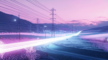 Pastel sunset road with light trails