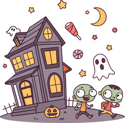  Spooky halloween night with witch flying over haunted house jackolanterns and bats