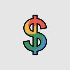 Fototapeta premium Colorful Flat Style Icon of a Dollar Sign with Red Orange Yellow Green and Blue Swirls Inside a Black Outline