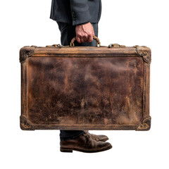Man carrying antique leather suitcase travel journey