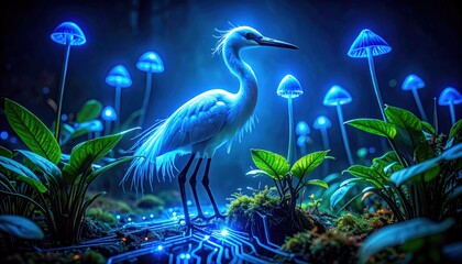 Ethereal egret in a glowing bioluminescent forest landscape digital art