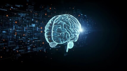 A hand interacts with a glowing 3d model of a brain against a digital background - Powered by Adobe