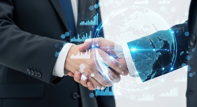 Business partnership handshake with global technology and data analytics overlayed