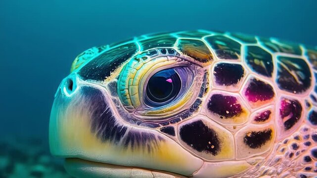 Close up shot of a sea turtle's head with detailed patterns on its shell and a dark blue background