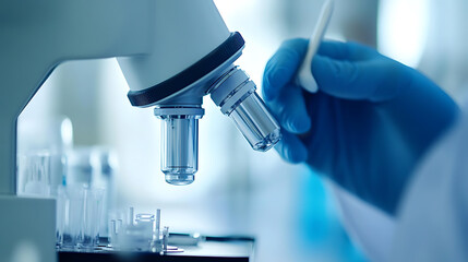 Scientist examining a sample under a microscope in a laboratory setting