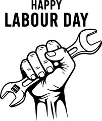 A strong hand holds a wrench, celebrating Labour Day.