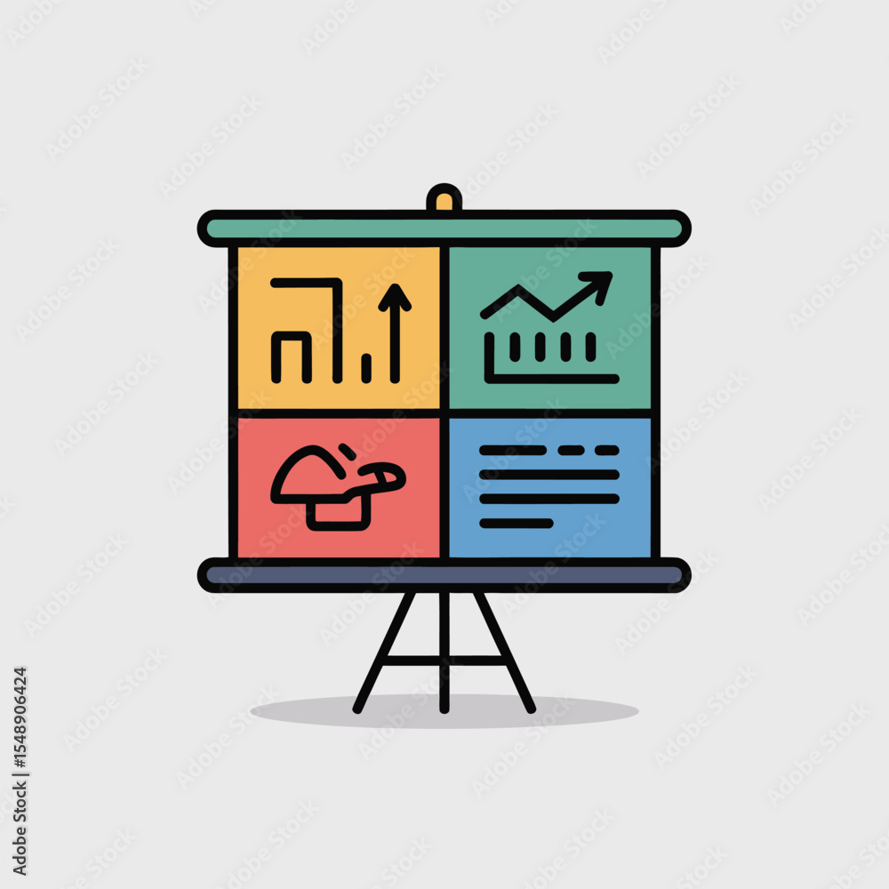 Poster colorful flat style icon presentation board showing growth charts bar graph data text and mushroom i
