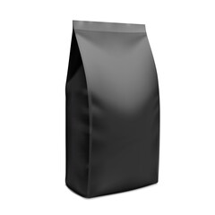 Black vertical bag mockup. Flat bottom gusset bag. Half side view. Vector illustration isolated on white background. Ready for use in presentation, promo, advertising and more. EPS10.