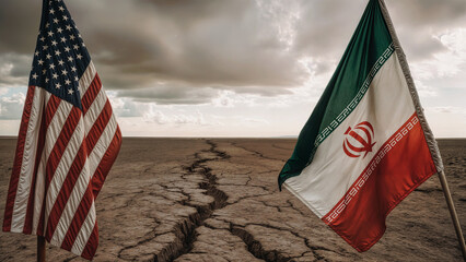Symbolic image of U.S.-Iran diplomatic rift. American and Iranian flags facing each other across a cracked desert ground, representing political division and geopolitical tension.
