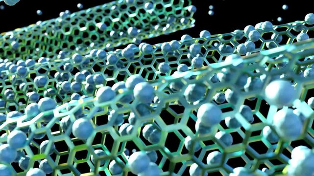 3d animation of Carbon nanotubes (CNT) as carriers for drug delivery. Drug molecules conjugated on carbon nanotube's body 