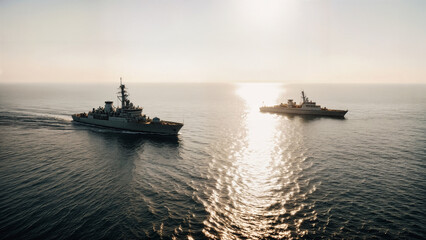 Two navy warships navigating calm ocean waters during sunset. Maritime patrol. Naval defense. Strategic sea operations and military readiness in international waters.