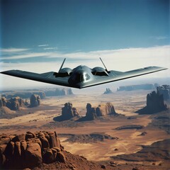 Stealth Over Stone: B-2 Bomber in Desert Flight