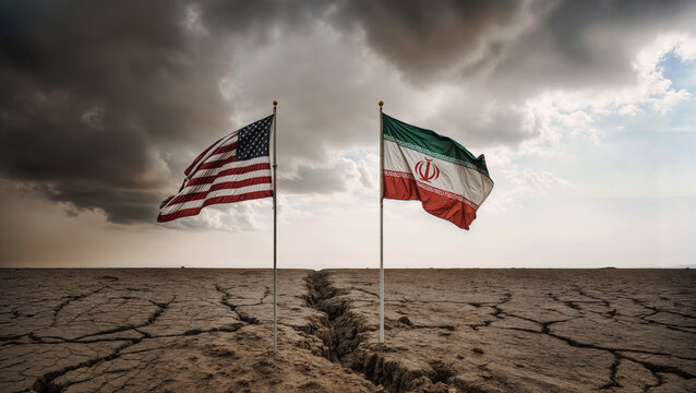 U.S. and Iran Flags Divided by Cracked Earth. Symbol of Geopolitical Rift, Diplomatic Conflict, and Tense Iran-USA Relations under a Stormy Sky.