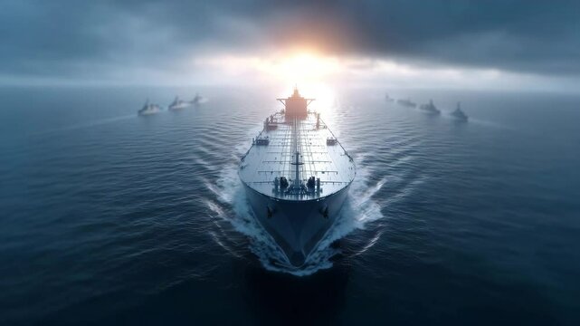 Naval Fleet Sailing into the Horizon: A captivating image presents a majestic naval fleet as it embarks on its journey, navigating the open waters towards the distant horizon.