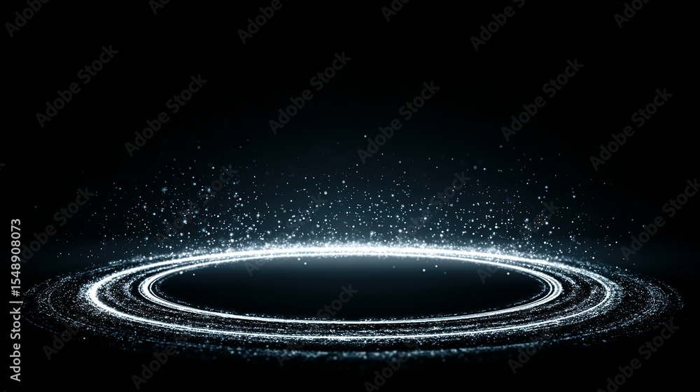 Poster light trails create a circular frame against a dark background.
