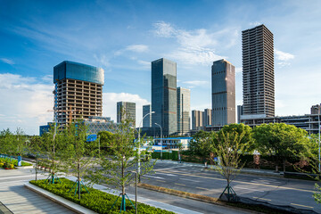 Modern Urban Skyline Showcasing Innovative Architecture Against a Clear Blue Sky