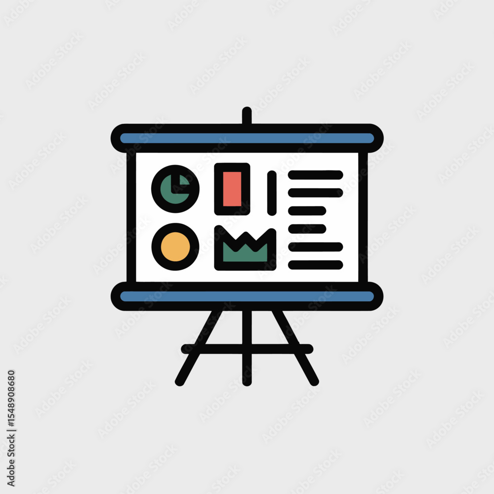 Aufkleber flat style icon of a presentation board with colorful charts and graphs on a tripod stand blue frame