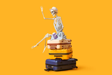 Human skeleton with passport on suitcases against yellow background. Travel concept