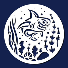 Round stencil with a shark. Large predatory fish swims in the water among the algae. Template for plotter laser cutting of paper, fretwork, wood carving, metal engraving, cnc. Vector painting, image.