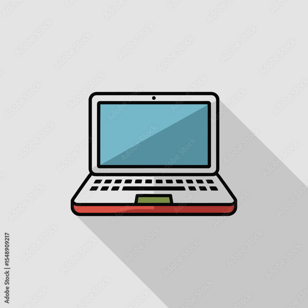 Fototapete Flat Style Icon of a Red and White Laptop Computer with Teal Screen and Long Shadow on Light Gray Background