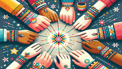 Fototapeta premium international friendship day, A friendship bracelet exchange between people of different backgrounds