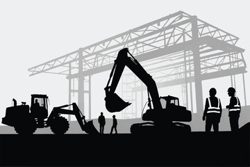 construction site silhouette with heavy machinery and safety gear workers vector