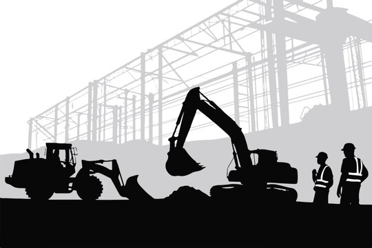 industrial construction scene silhouette featuring excavator, bulldozer, and hardhat workers vector