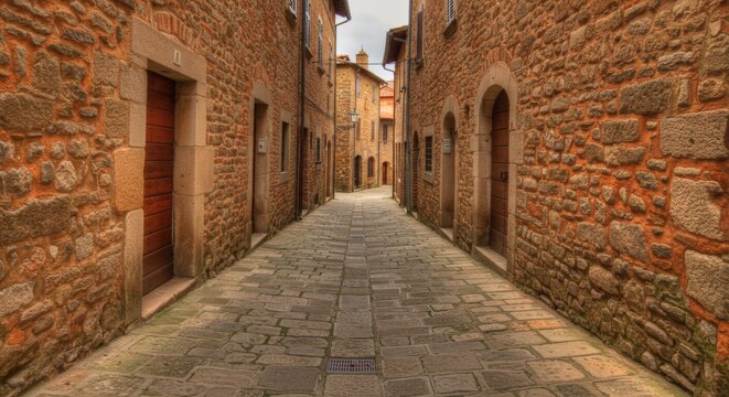 Fototapeta Picturesque Cobblestone Alleyway in Historic European Town Rustic Stone Buildings Old Doors