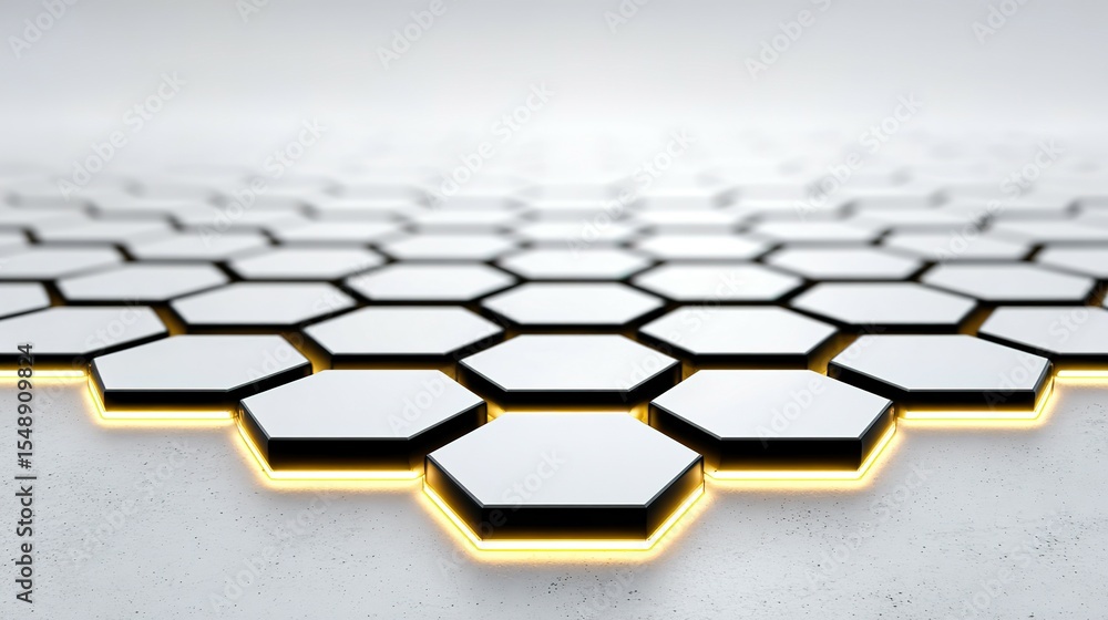 Fototapete abstract geometric pattern of white hexagons with black outlines and glowing yellow edges.