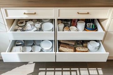 Organized kitchen drawers filled with dishes and bread.