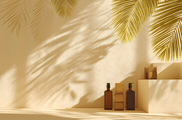 A warm, sunlit room with shadows from palm leaves on the wall, creating an abstract background for product display or presentation. 
