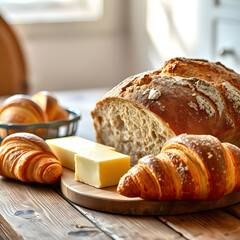 breakfast spread featuring a rustic loaf of artisan bread, golden croissants, and pats of butter