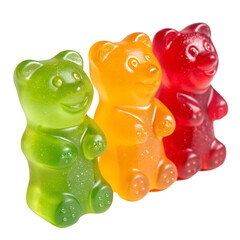 Gummy Bear Trio A playful arrangement of three vibrant gummy bears, each a unique color, standing in a row, evoking a sense of childlike fun and sugary sweetness