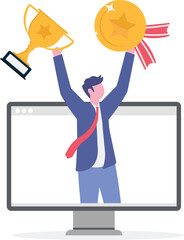 Winner with prize.Character celebrating first place.victory with golden medal. character life .

