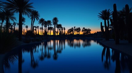 Obraz premium Golden sunset illuminates the tropical sky reflecting vibrant orange hues on the pool and tranquil river, silhouetting palm trees on the beach