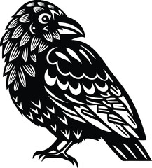 black and white vector illustration of a stylized crow, detailed feather patterns, intricate geometric design, bold silhouette, dark mystical raven, abstract animal art
