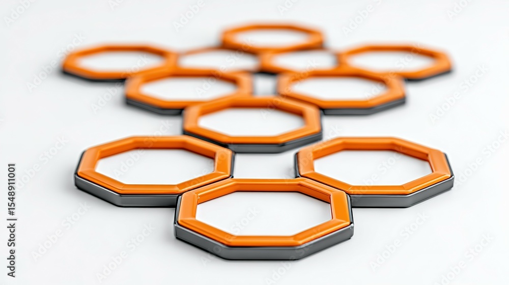 Poster orange and gray hexagonal shapes arranged in a design.