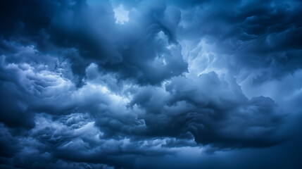 Obraz premium Dramatic storm clouds in deep blue, a sweeping skyscape with dynamic light, nature's raw power on display 