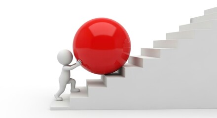 Stick figure pushing red ball up stairs concept for business challenge and success