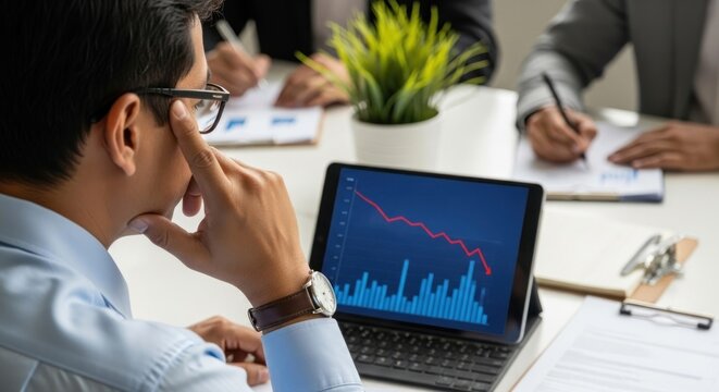 Analyzing stock market crash data on tablet at office meeting investment strategy
