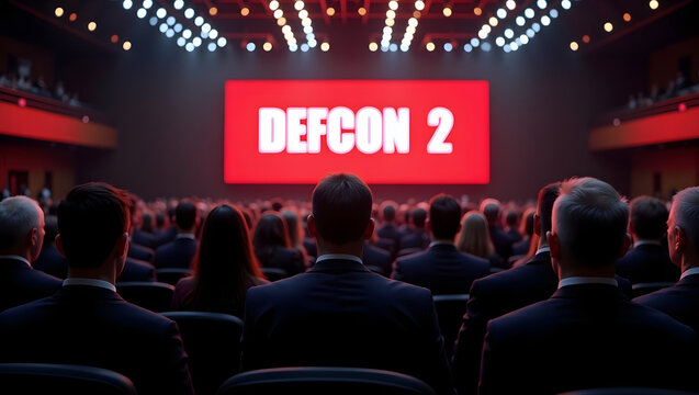 Large assembly of people in formal suits seated in a grand hall watching red DEFCON 2 alert screen suggesting global crisis, national emergency or elevated military readiness level
