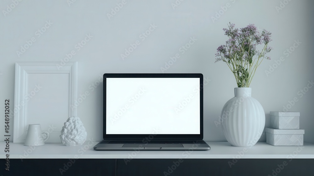 Aufkleber laptop computer and decorative objects on a white shelf.