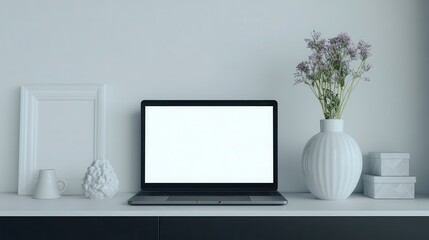 Laptop computer and decorative objects on a white shelf.