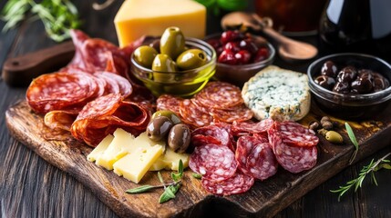 Gourmet charcuterie board featuring salami, cheese, olives, and cranberries on rustic wood